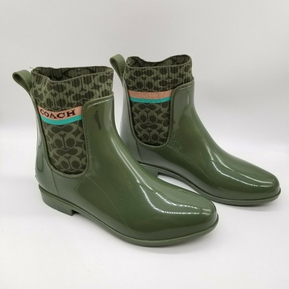 Coach Shoes - Coach Womens Olive  Almond Toe Pull On Logo Chelsea Ankle Rain Boots  9